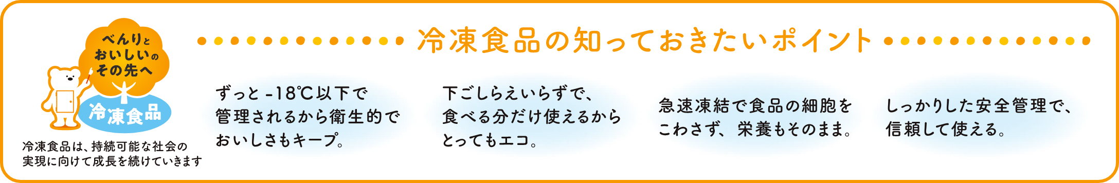 べんりとおいしいのその先へ　冷凍食品は、持続可能な社会の実現に向けて成長を続けています。　冷凍食品の知っておきたいポイント　ずっと-18℃以下で管理されるから衛生的でおいしさもキープ。　下ごしらえいらずで、食べる分だけ使えるからとってもエコ。　急速凍結で食品の細胞をこわさず、栄養もそのまま。　しっかりした安全管理で、信頼して使える。