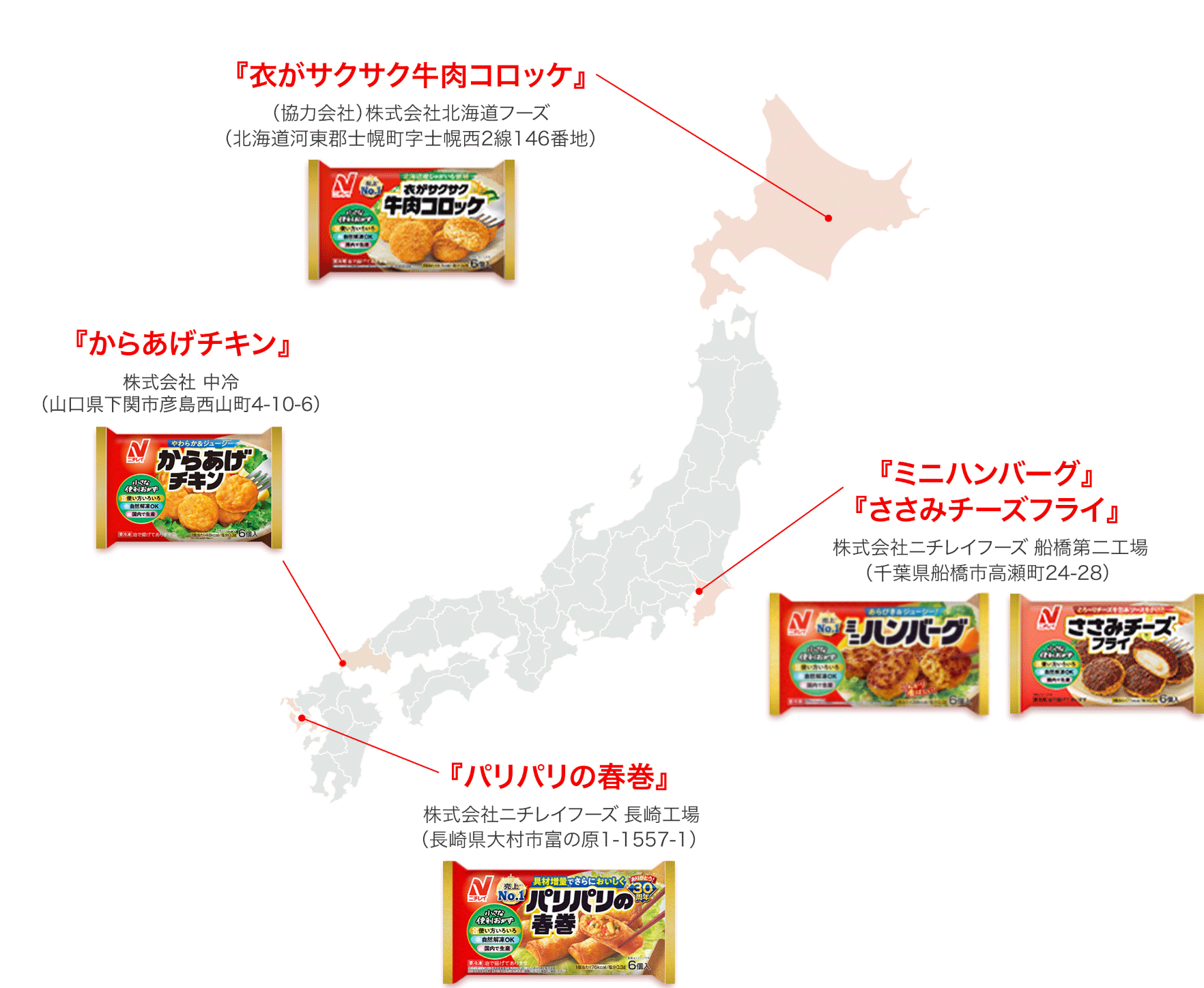 『衣がサクサク牛肉コロッケ』（協力会社）株式会社北海道フーズ（北海道河東郡士幌町字士幌西2線146番地） 『ミニハンバーグ』『ささみチーズフライ』株式会社ニチレイフーズ 船橋第二工場（千葉県船橋市高瀬町24-28） 『からあげチキン』株式会社ニチレイフーズ 関西工場（大阪府高槻市東上牧1-2-5） 『パリパリの春巻』株式会社ニチレイフーズ 長崎工場（長崎県大村市富の原1-1557-1）