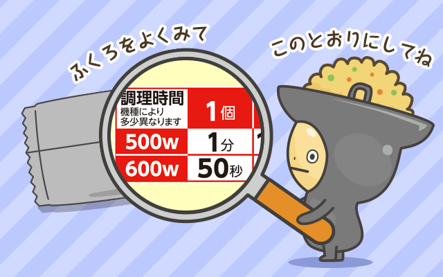 ふくろをよくみて 調理時間 機種により多少異なります 1個 500W 1分 600w 50秒 このとおりにしてね